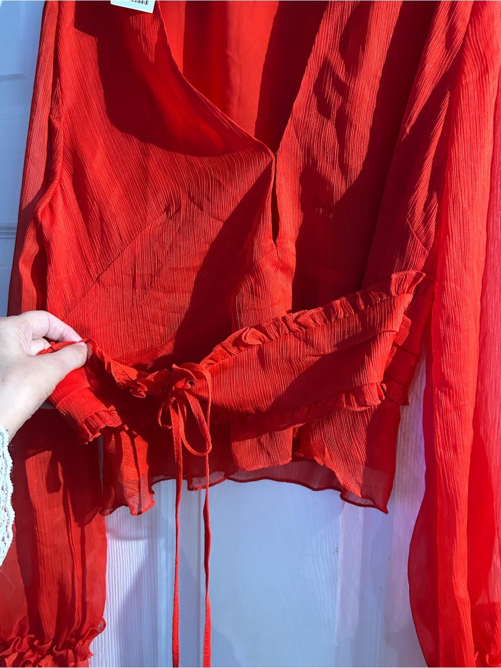 Urban Outfitters Red Sheer Ruffle Wrap Blouse